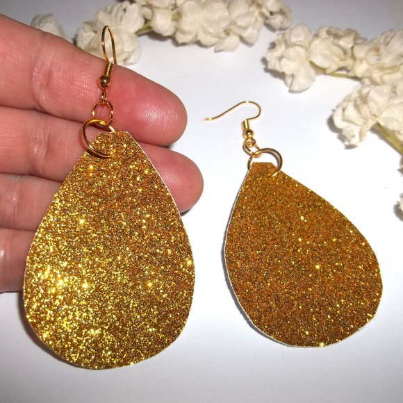 Gold Sparkle Statement Earrings Teardrop Oversized Party Chic Woman Dangle C056 - Picture 4 of 6